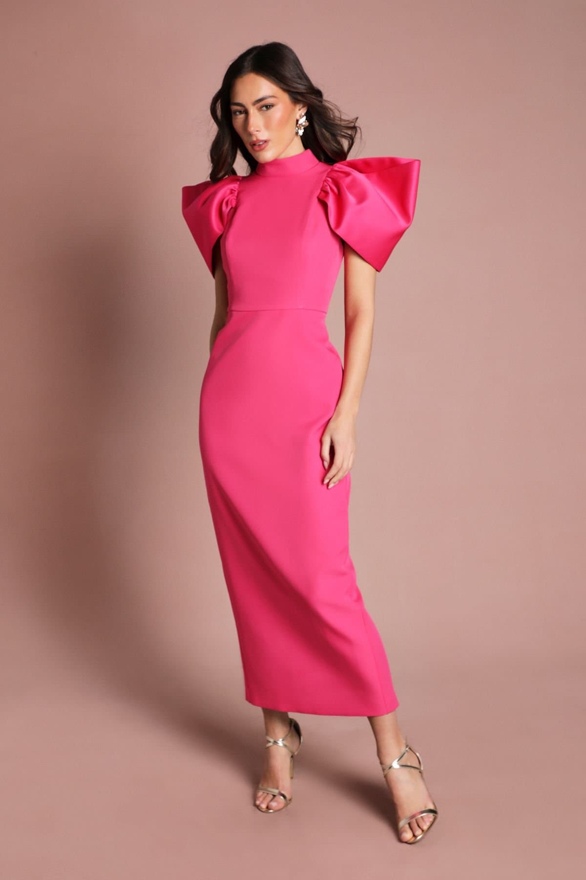 Coast Coast Women's Muse Structured Satin Volume Sleeve Maxi Dress in Hot Pink