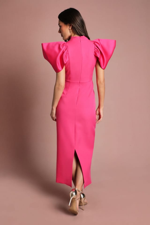 Coast Coast Women's Muse Structured Satin Volume Sleeve Maxi Dress in Hot Pink - 3