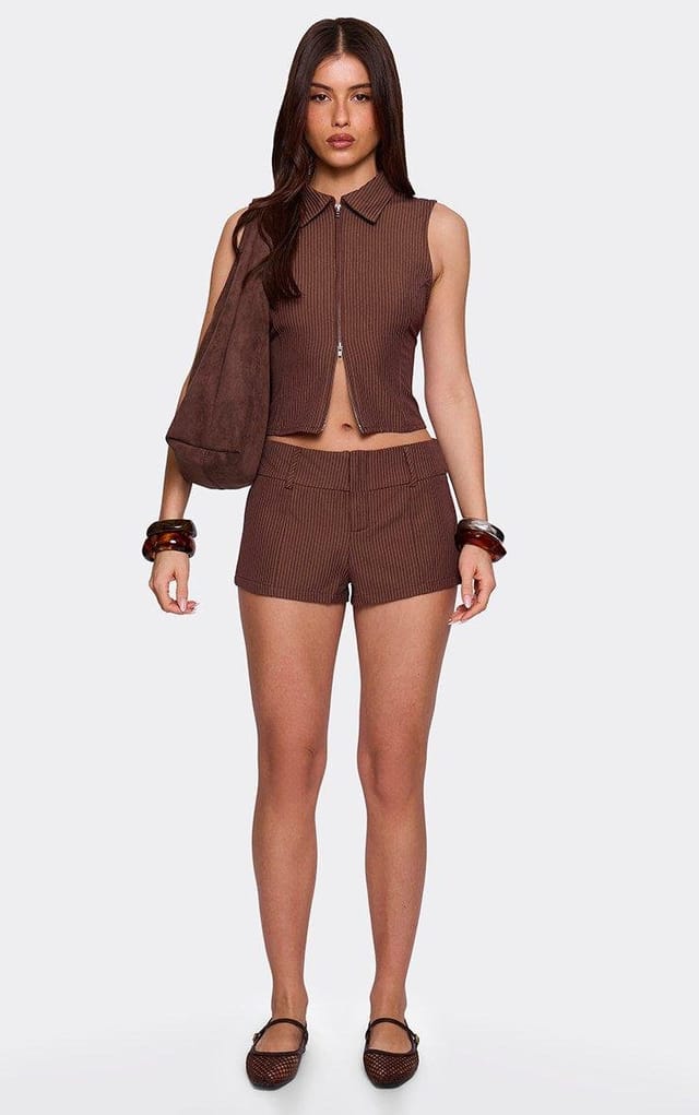 EGO Belt Loop Tailored Mini Shorts In Brown Pinstripe, Women's Size UK 6 - 2