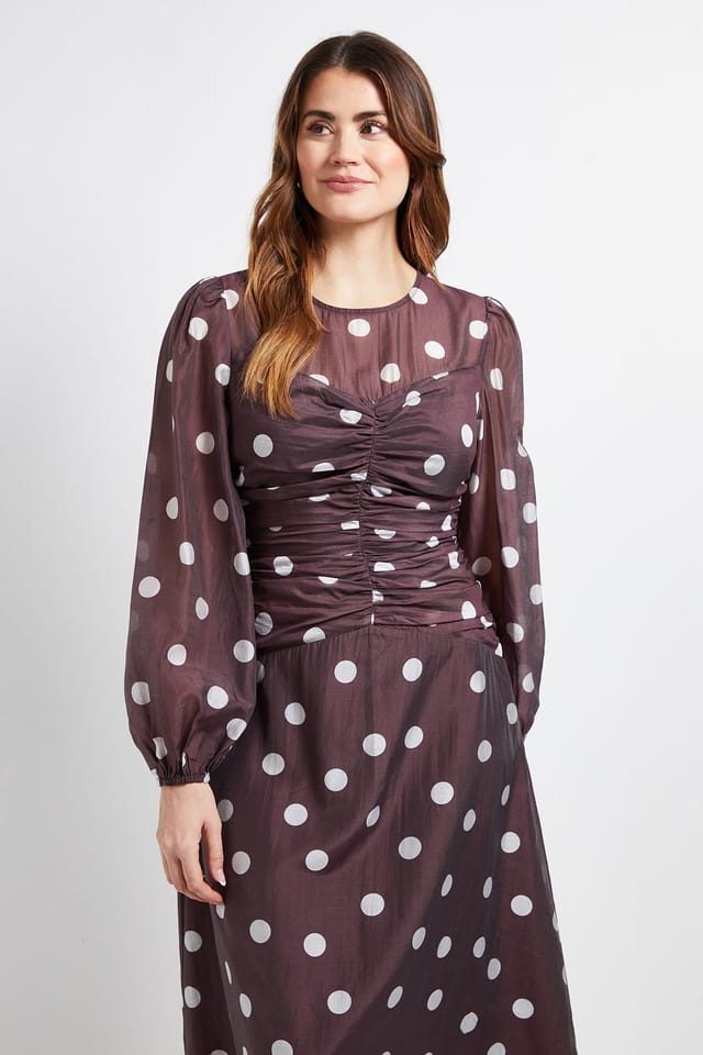Wallis Wallis Women's Polka Dot Ruched Midi Dress in Chocolate - 2