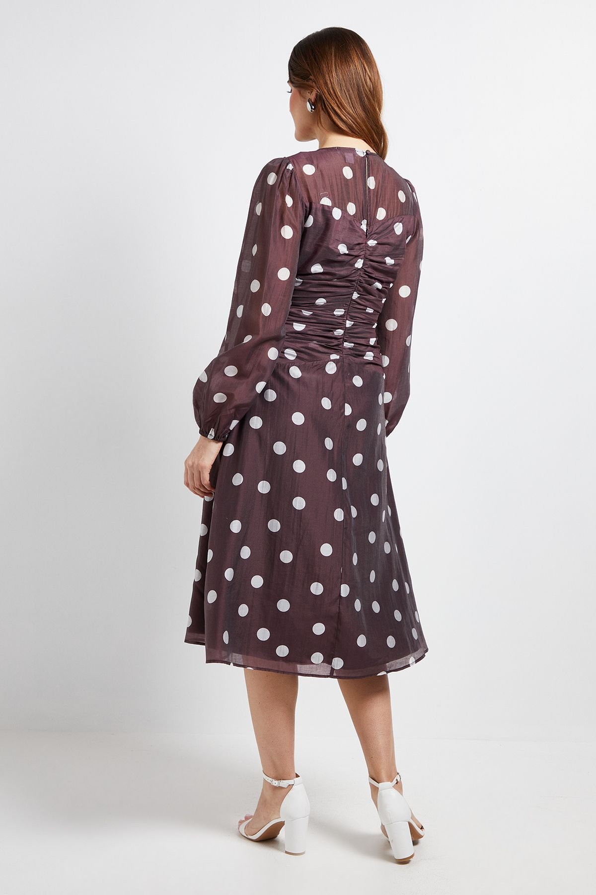 Wallis Wallis Women's Polka Dot Ruched Midi Dress in Chocolate - 3