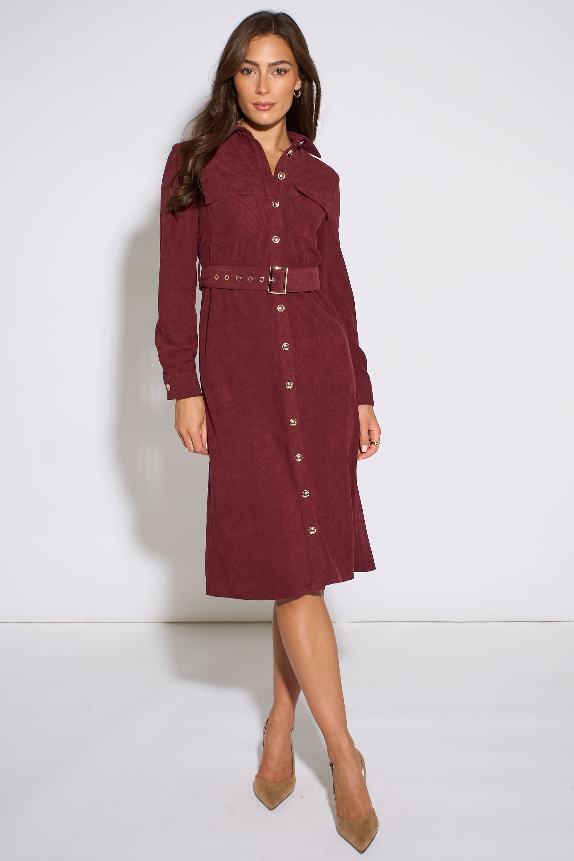Gini London Gini London Women's Mulberry Cord Belted Longline Shirt Dress in Maroon