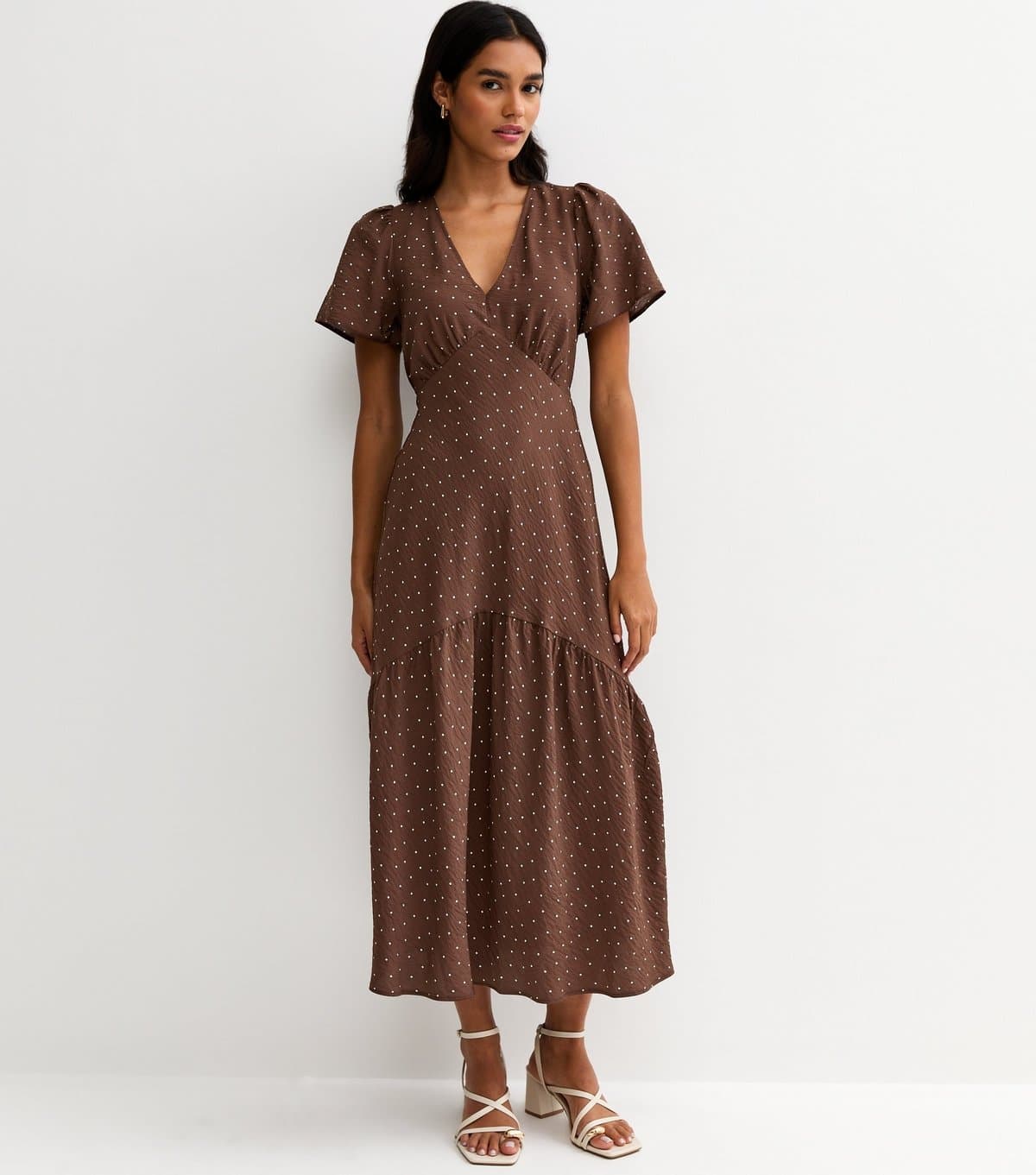 New Look Women's Brown Spot Print Tiered Midi Tea Dress New Look