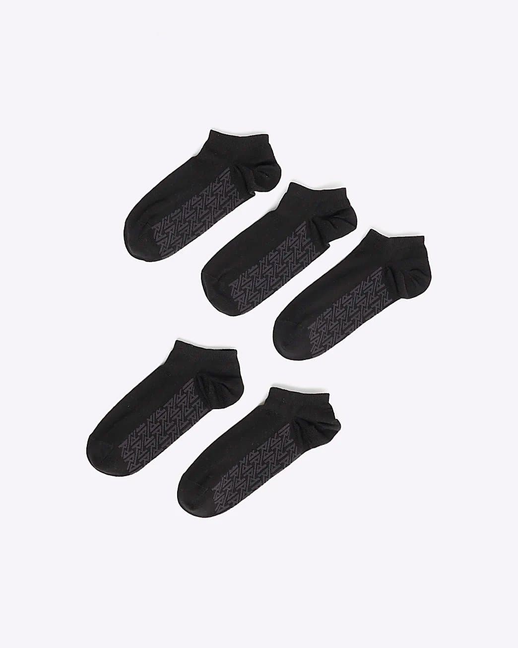 River Island Mens River Island Black Pack Of 5 Ribbed Monogram Trainer Socks