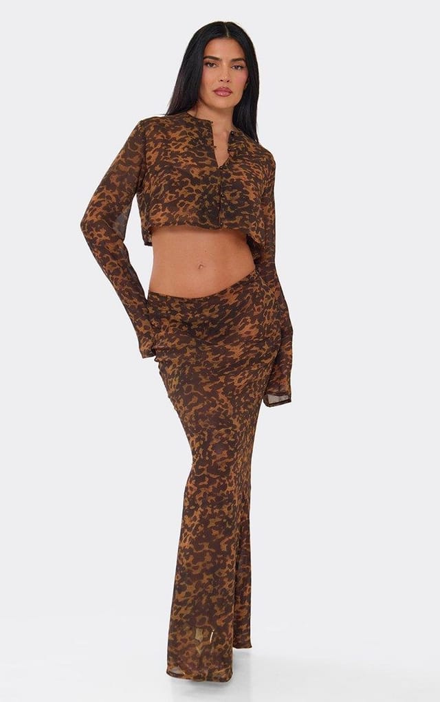 EGO Button Front Cropped Top In Multi Animal Print, Women's Size UK 6 - 2