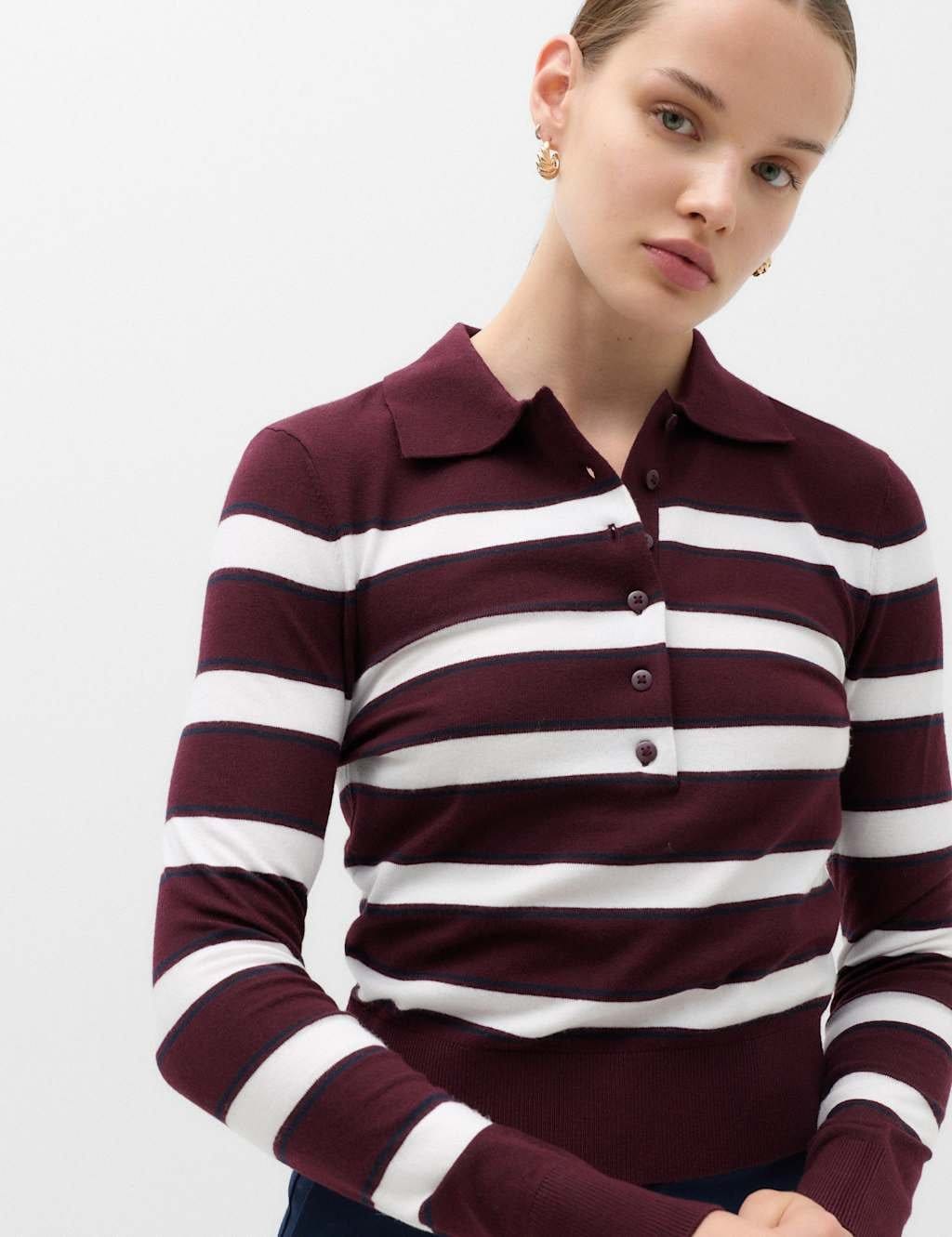 M&S Collared Striped Slim Jumper with Wool Burgundy Mix