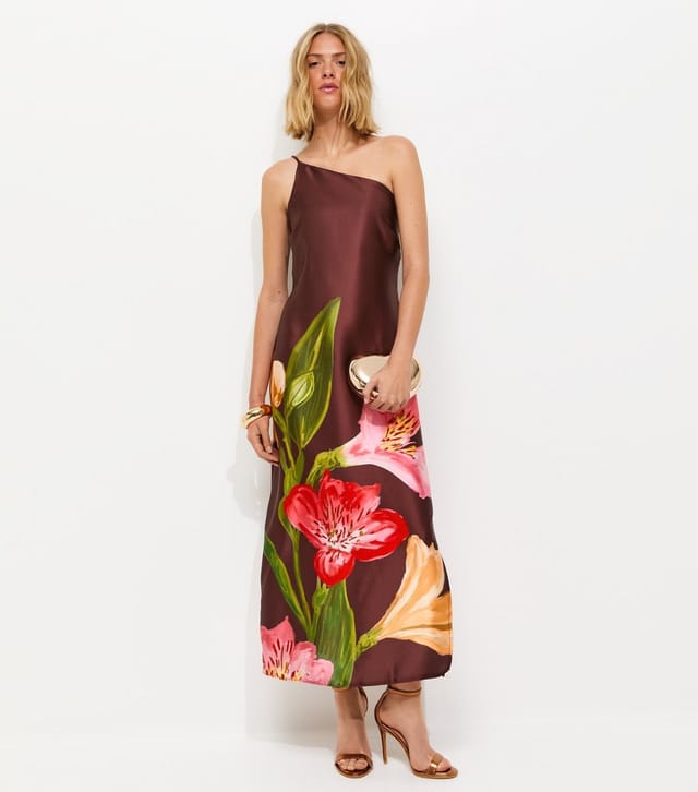 New Look Women's Brown Satin Floral One Shoulder Midi Dress New Look - 3