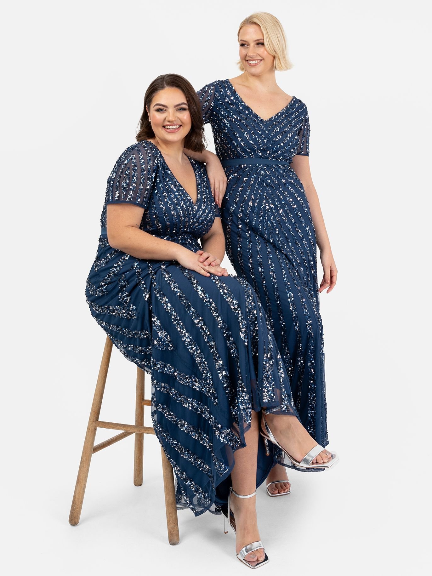 Maya Deluxe Maya Deluxe Women's Short Sleeve Stripe Embellished Maxi Dress in Navy - 1