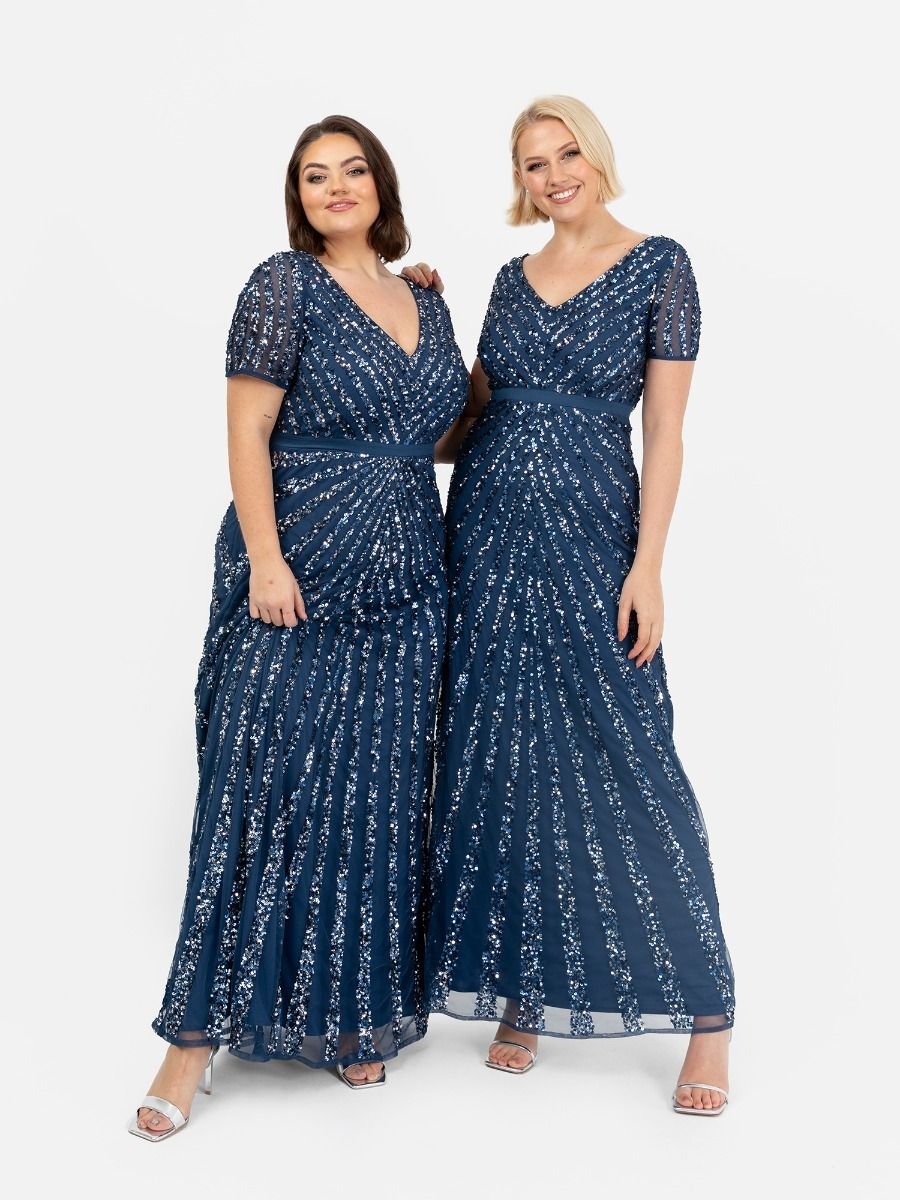 Maya Deluxe Maya Deluxe Women's Short Sleeve Stripe Embellished Maxi Dress in Navy - 2