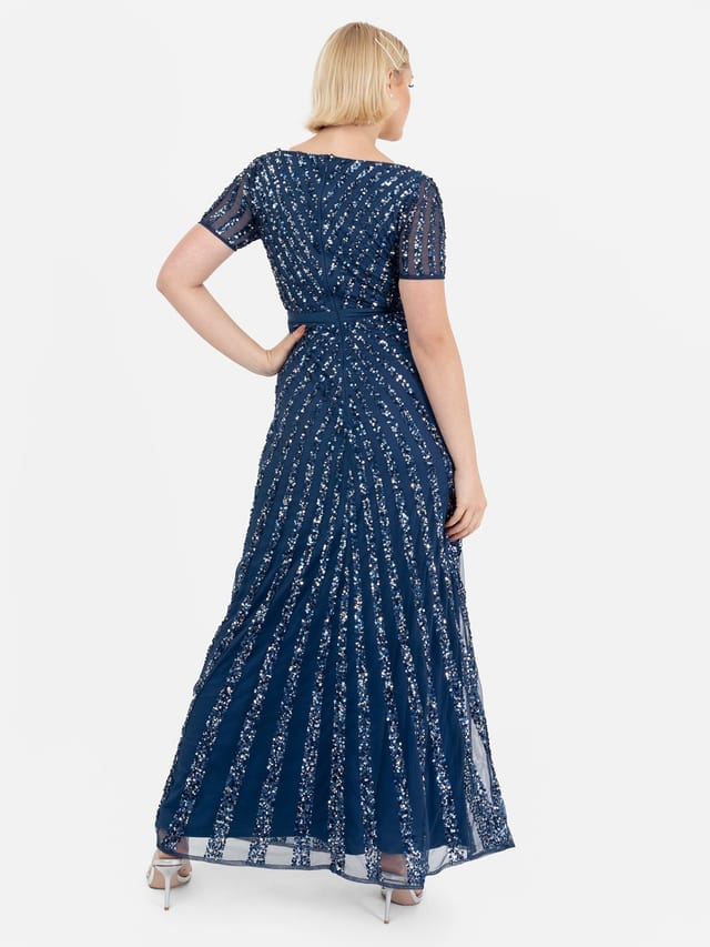 Maya Deluxe Maya Deluxe Women's Short Sleeve Stripe Embellished Maxi Dress in Navy - 3
