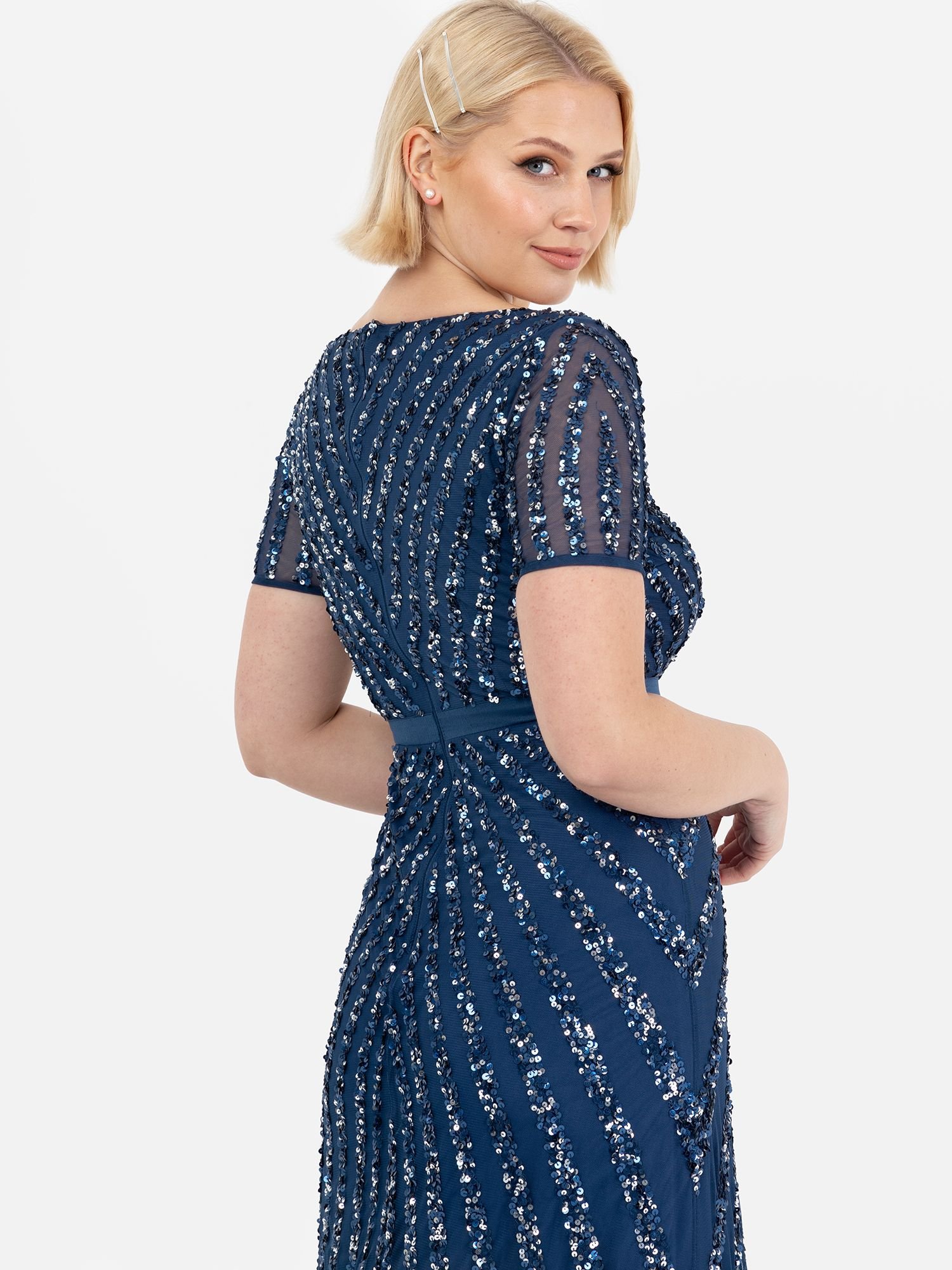 Maya Deluxe Maya Deluxe Women's Short Sleeve Stripe Embellished Maxi Dress in Navy - 4