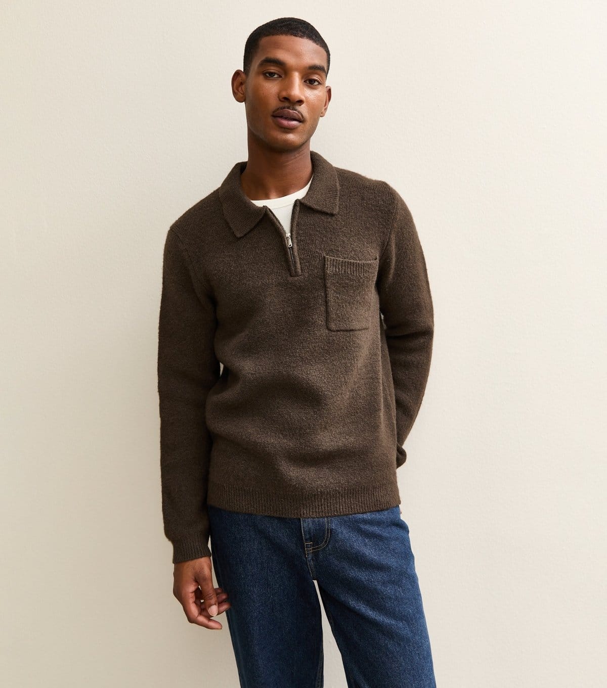 New Look Men's Dark Brown Regular Fit Long Sleeve Brushed Quarter Zip Polo Knit Jumper New Look - 1