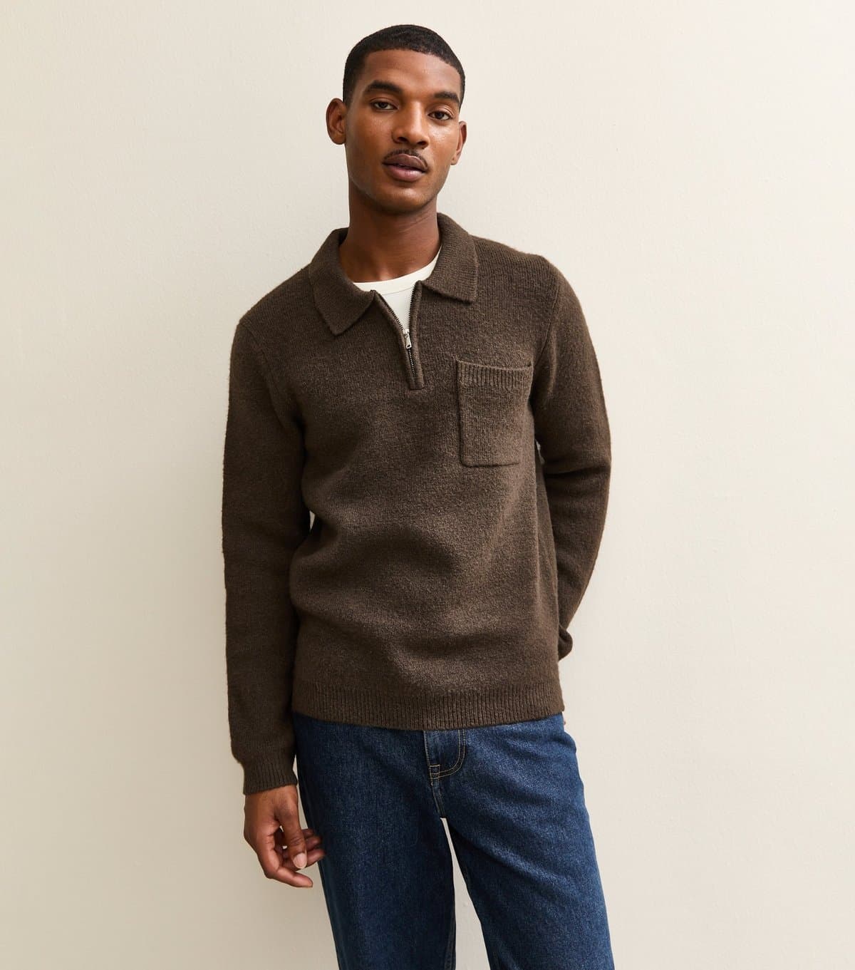 New Look Men's Dark Brown Regular Fit Long Sleeve Brushed Quarter Zip Polo Knit Jumper New Look