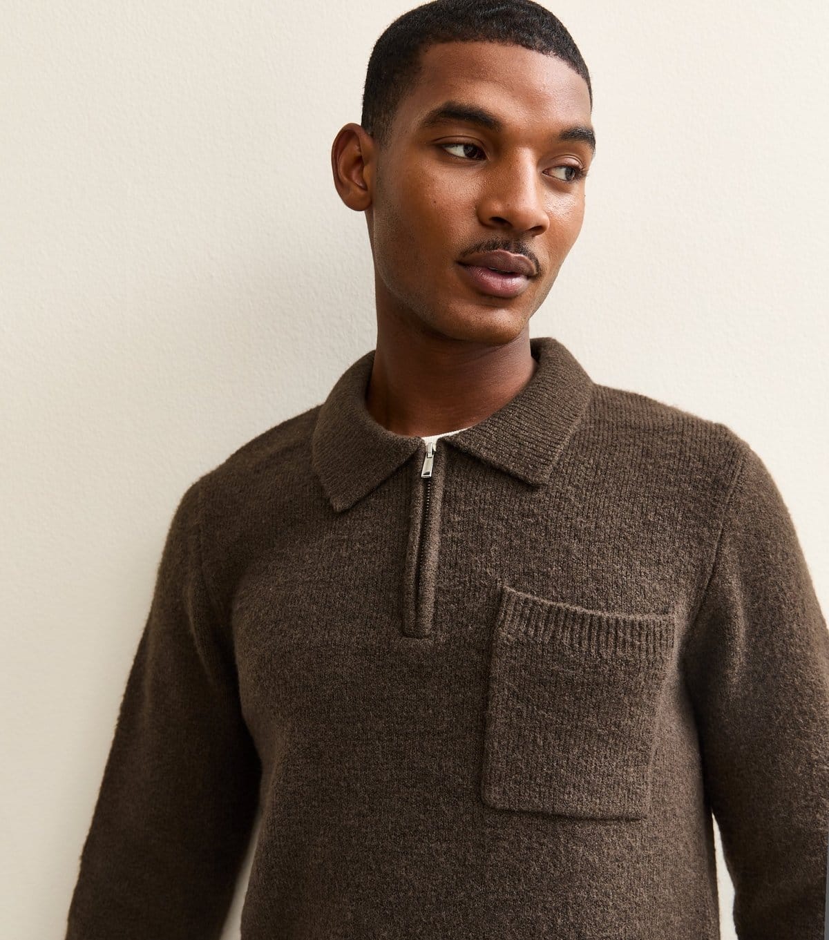 New Look Men's Dark Brown Regular Fit Long Sleeve Brushed Quarter Zip Polo Knit Jumper New Look - 2