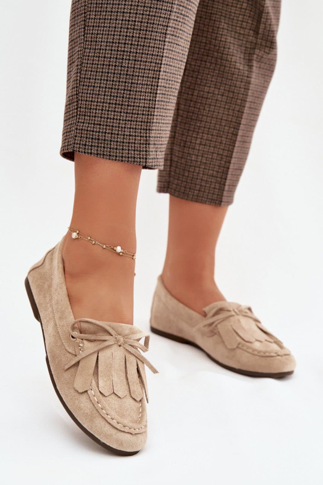 Love Lace Love Lace Women's Fringe Bow Tie Soft Suede Moccasin Flat Slip On Comfort in Beige