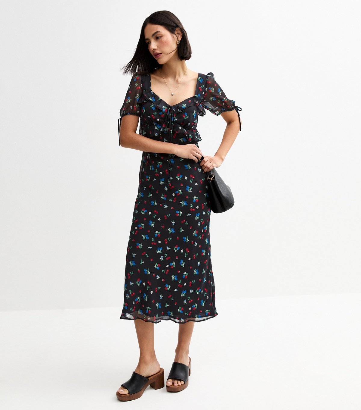 New Look Women's Black Berry Print Chiffon Tie Trim Midi Dress New Look - 2
