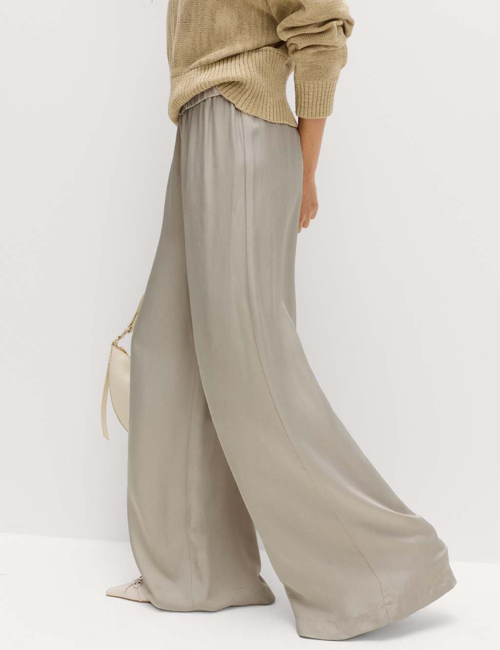 Marks & Spencer M&S Satin Wide Leg Trousers Stone - 2