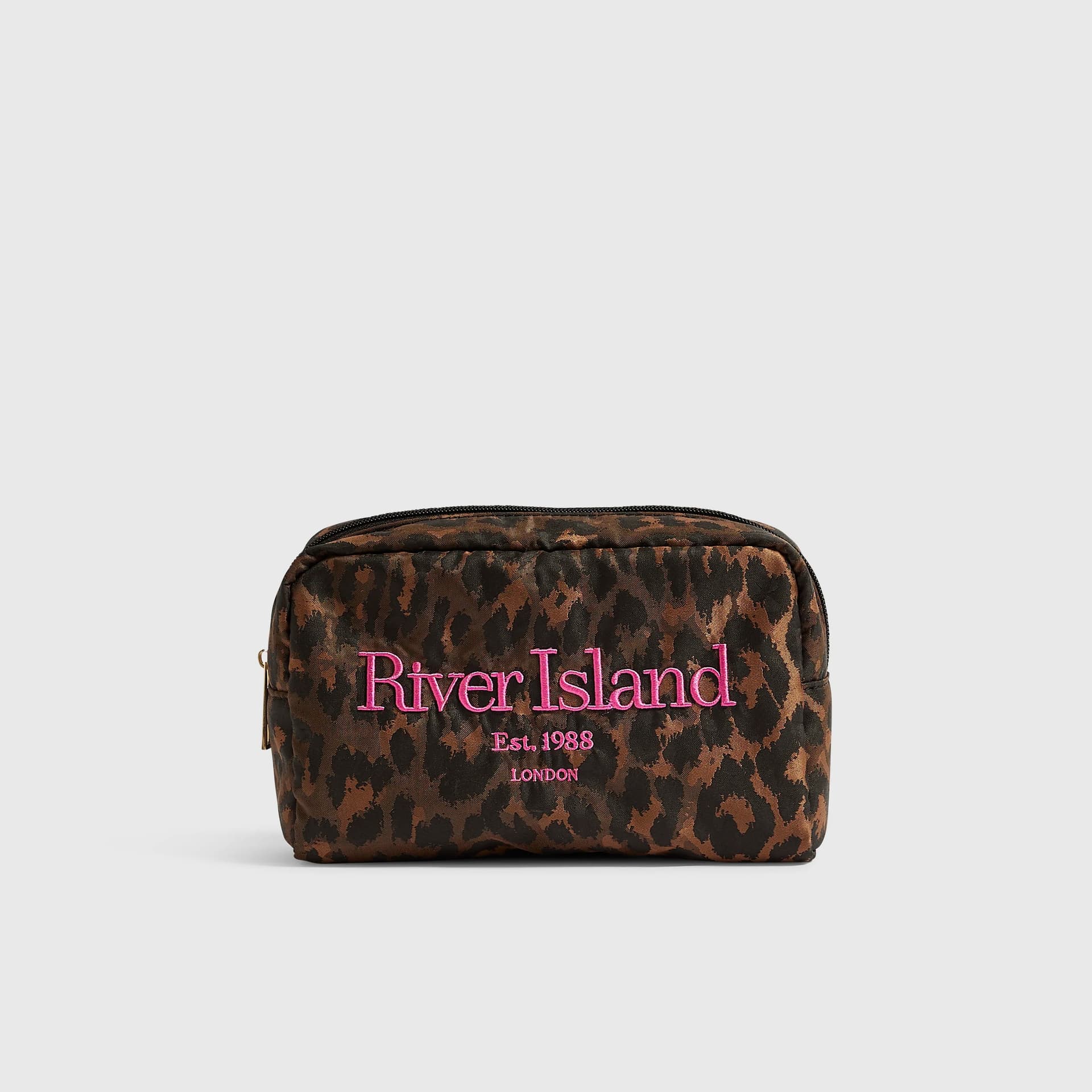 River Island River Island Womens Brown Leopard Print Ri Logo Makeup Bag