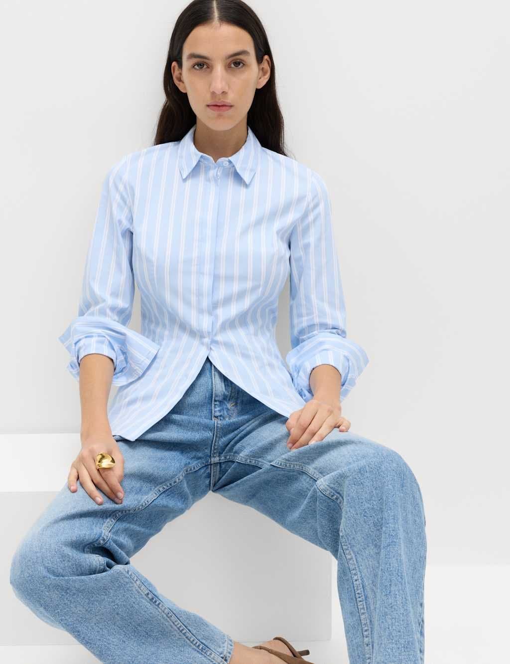 Marks & Spencer M&S Cotton Rich Striped Collared Fitted Shirt Blue Mix