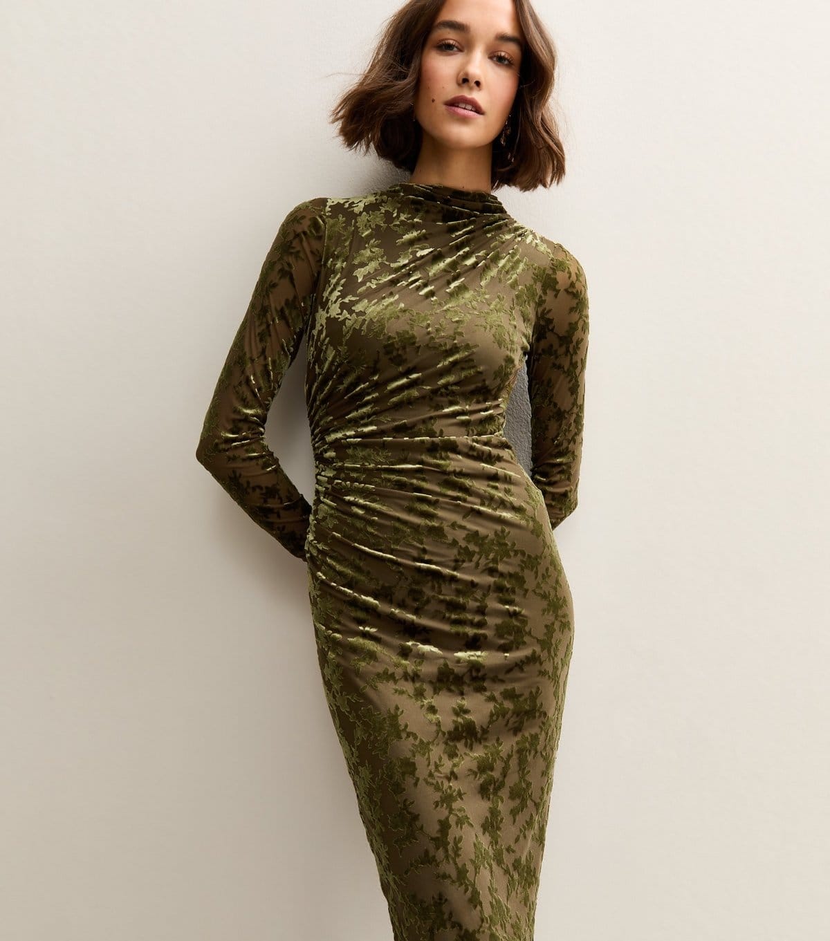 Women's Light Khaki Velvet Floral Devore Long Sleeve Midaxi Dress New Look