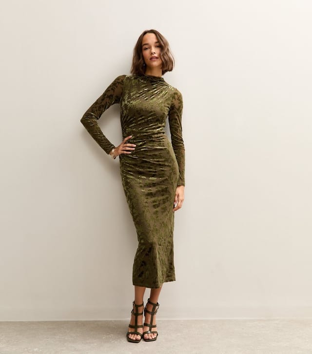 New Look Women's Light Khaki Velvet Floral Devore Long Sleeve Midaxi Dress New Look - 2