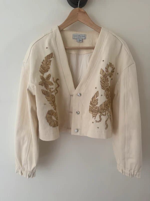Never Fully Dressed Raffia plant detail cream denim jacket