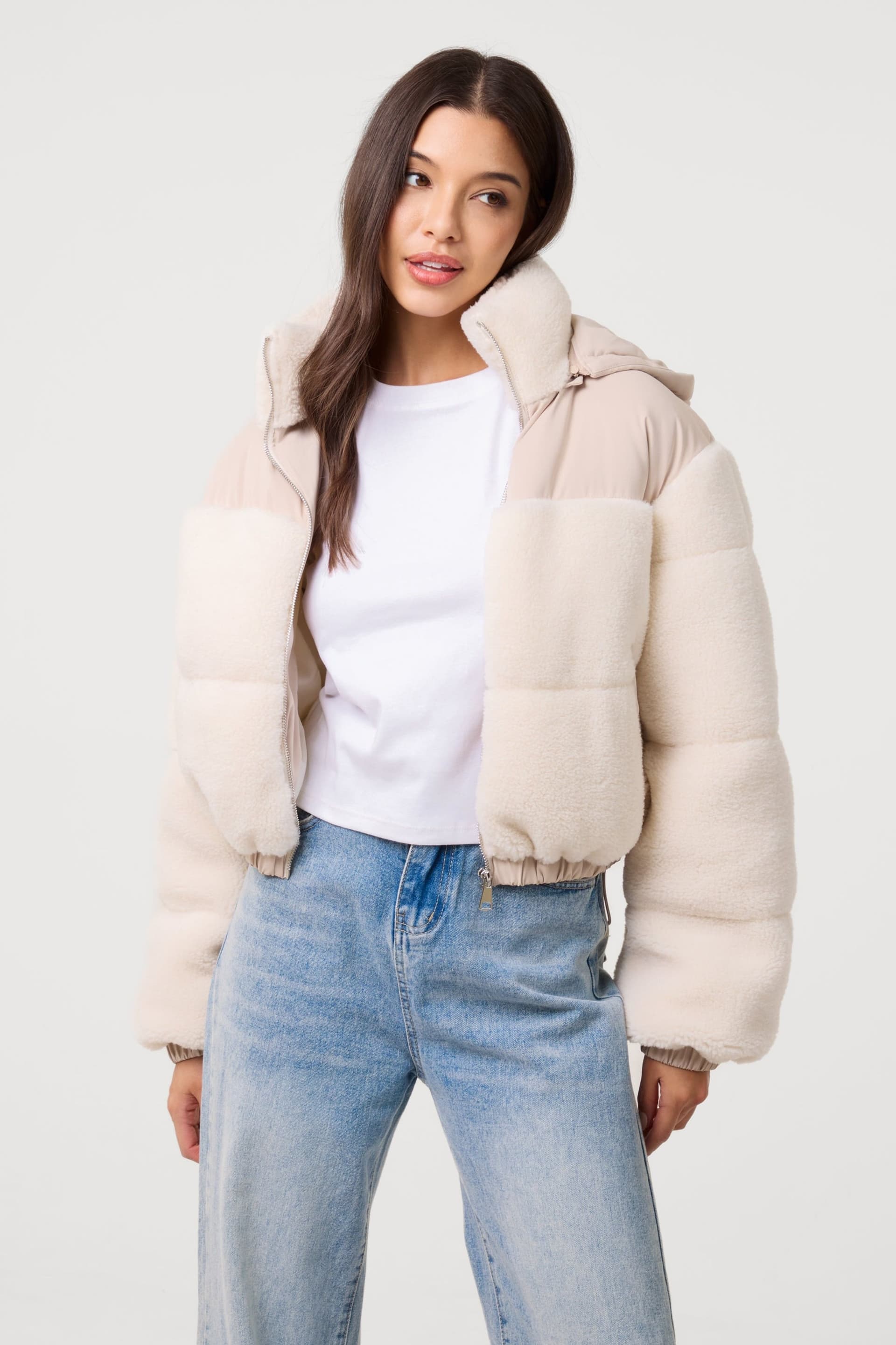 Pink Vanilla Pink Vanilla Women's Off White Teddy Coat with Hood in Cream