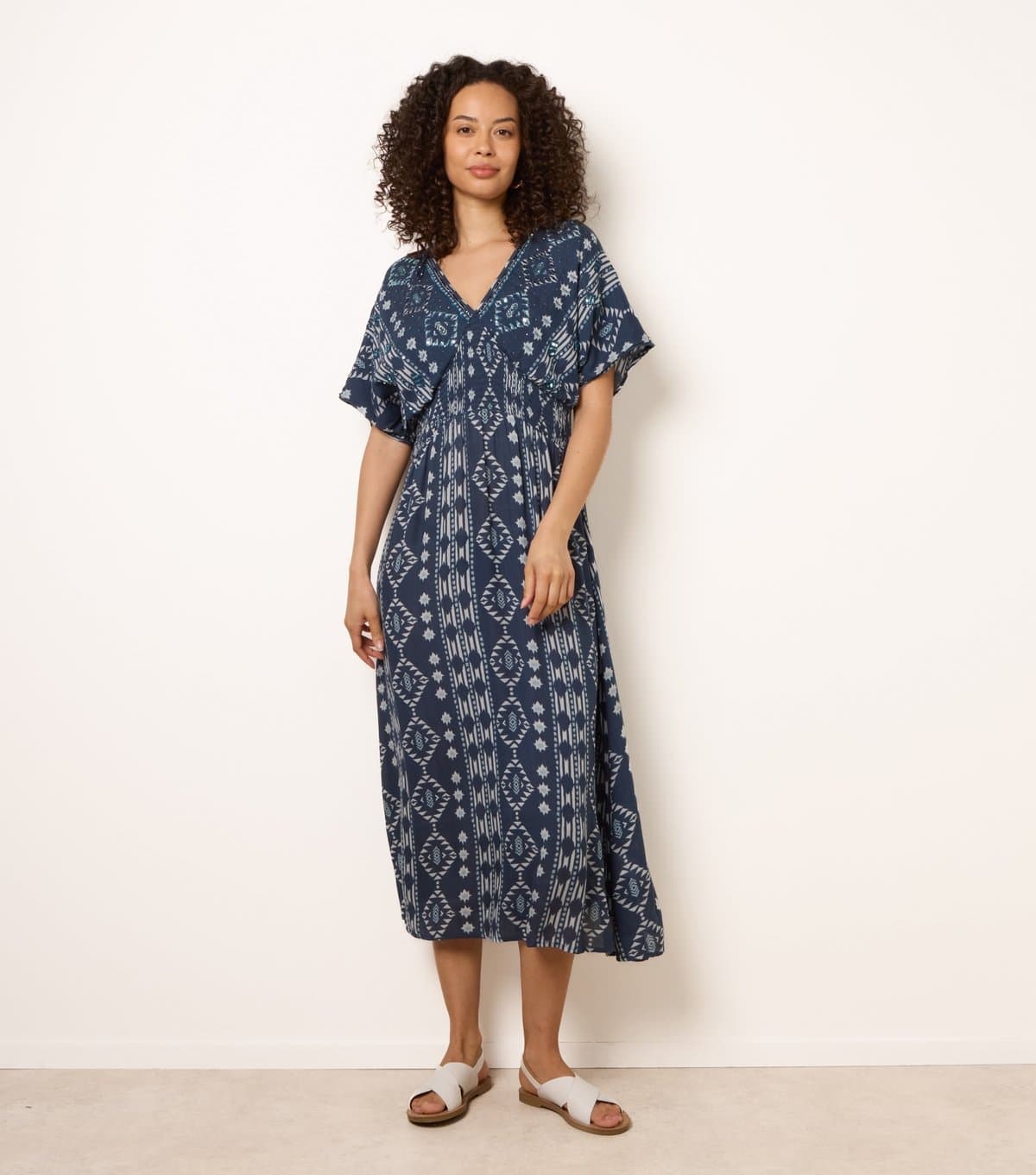 Blue Vanilla Women's Navy Embellished Shirred Waist Midi Dress Blue Vanilla New Look