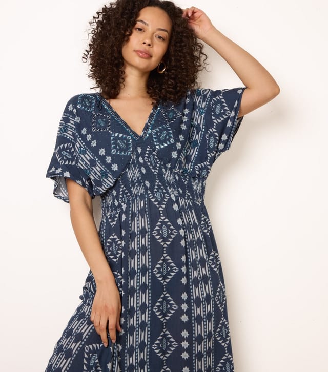 Blue Vanilla Women's Navy Embellished Shirred Waist Midi Dress Blue Vanilla New Look - 2