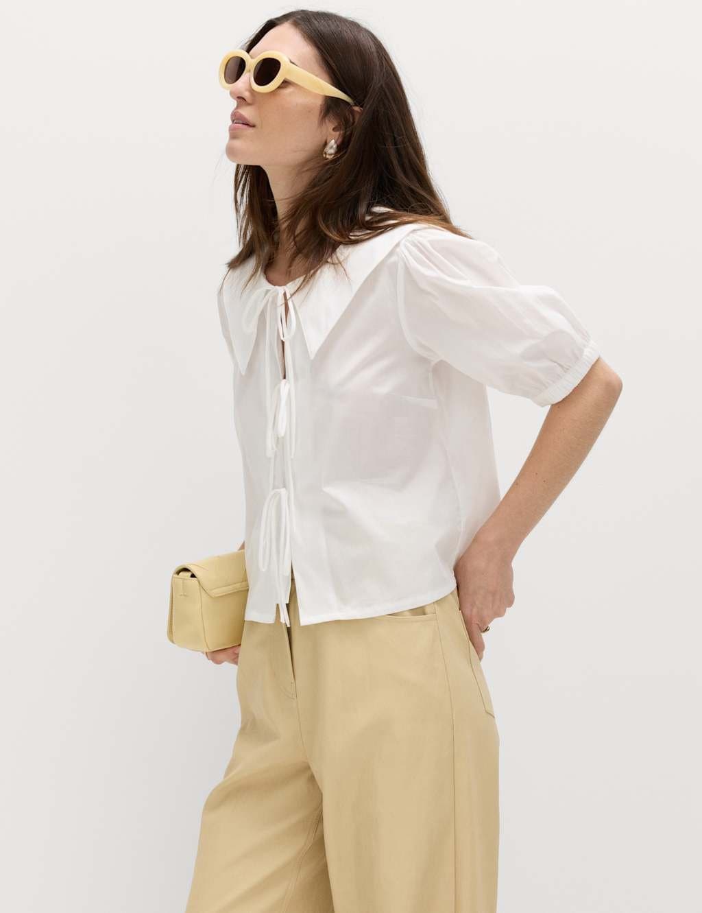 Marks & Spencer M&S Pure Cotton Striped Oversized Collar Tie Detail Shirt Soft White