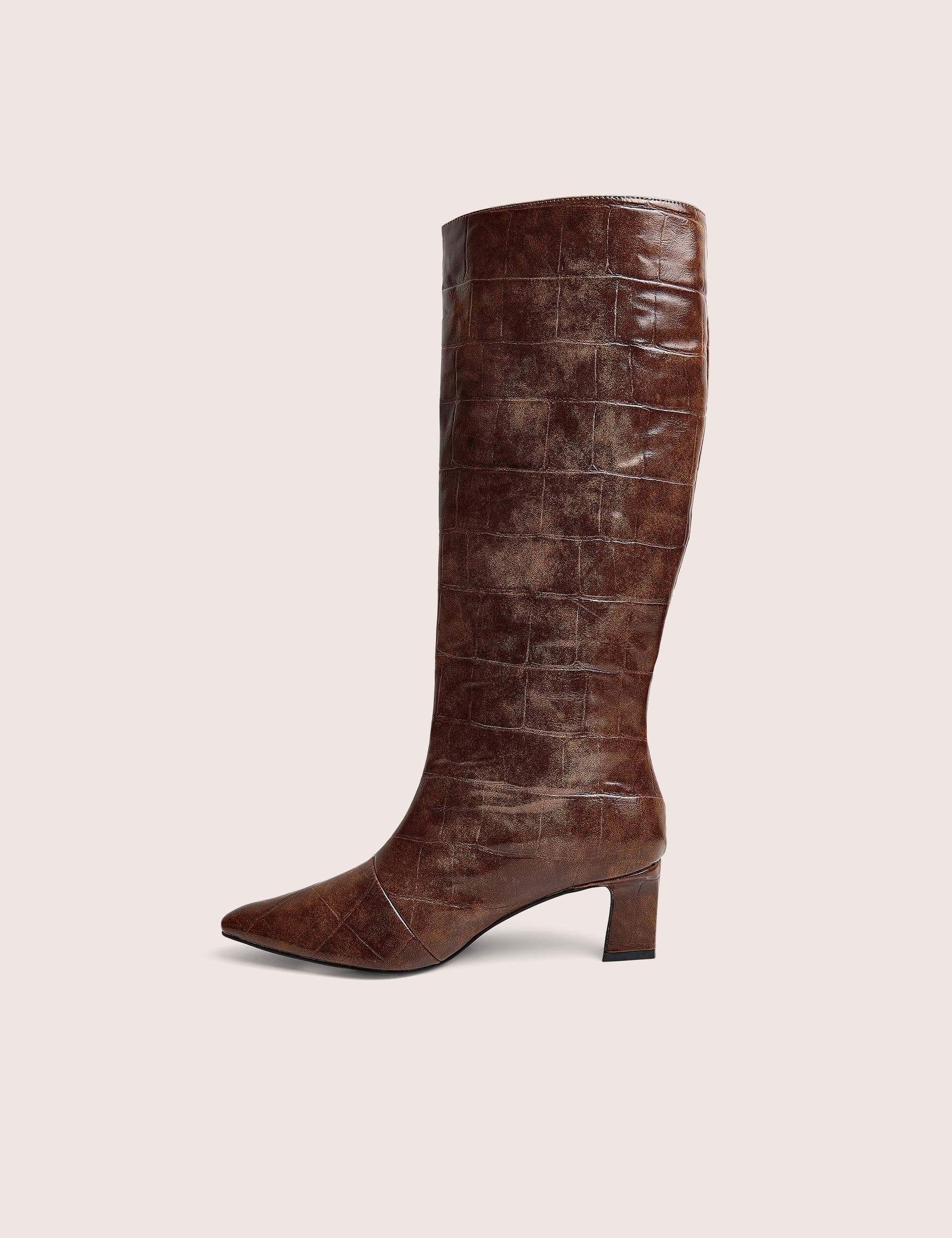 Public Desire Boomer Tan Croc Pointed Toe Knee High Mid Heel Boots