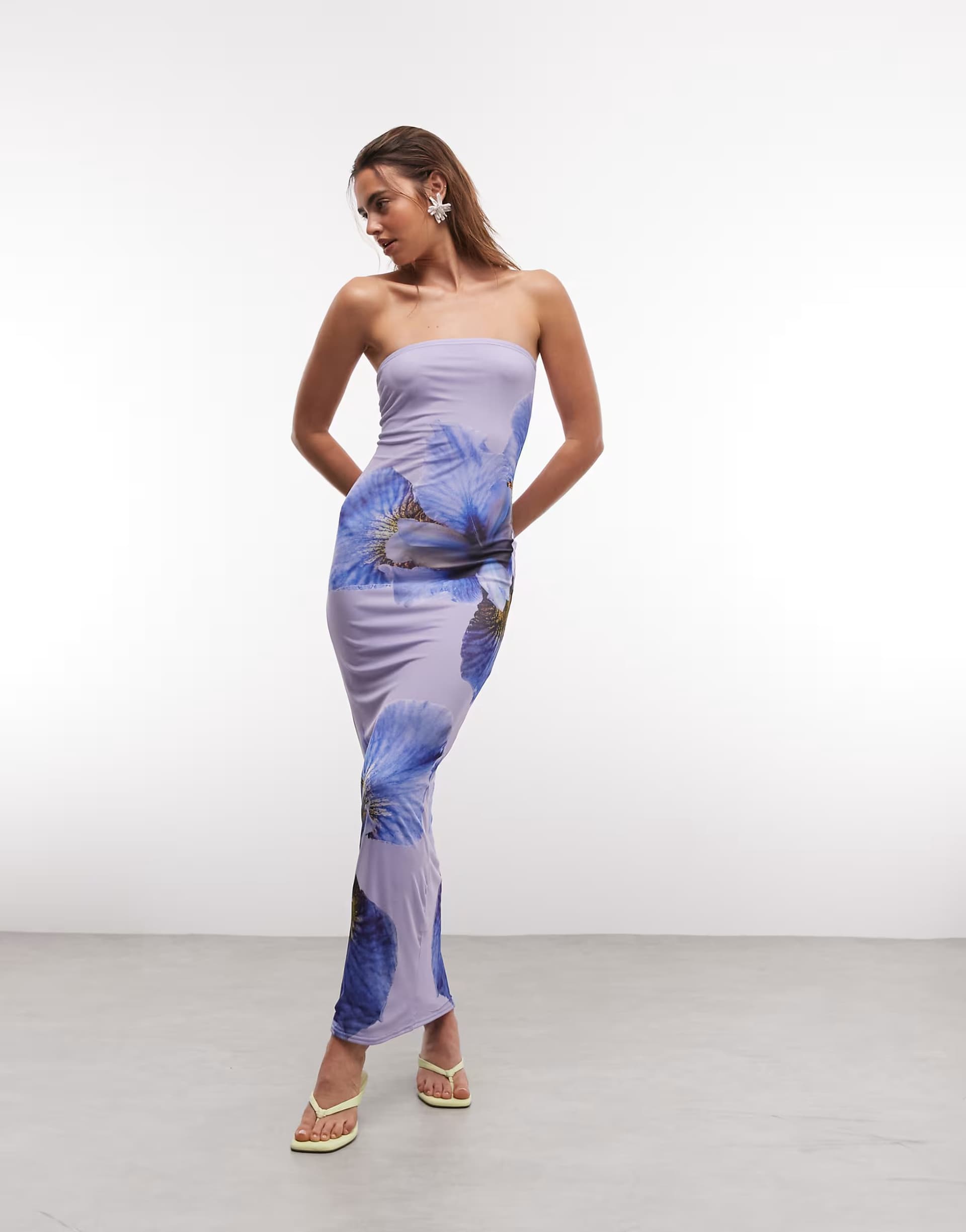 ASOS Kaiia exclusive slinky mesh bandeau maxi dress in lilac floral