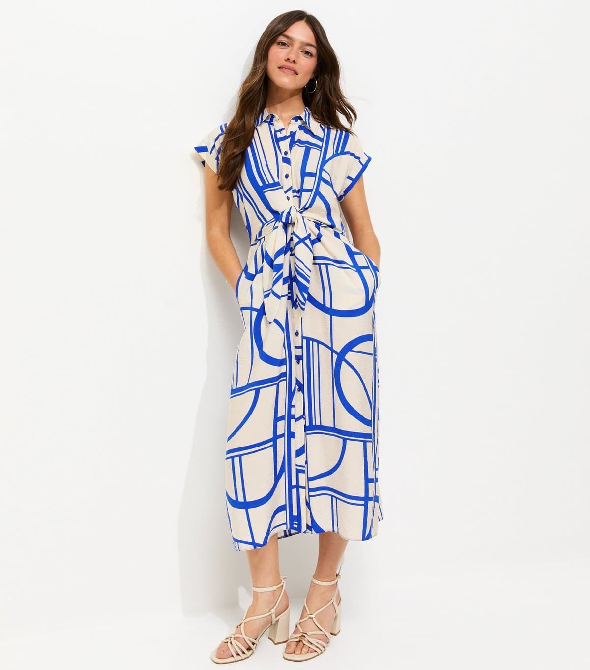 New Look Women's Petite Blue Geometric Print Twist Front Midi Shirt Dress New Look