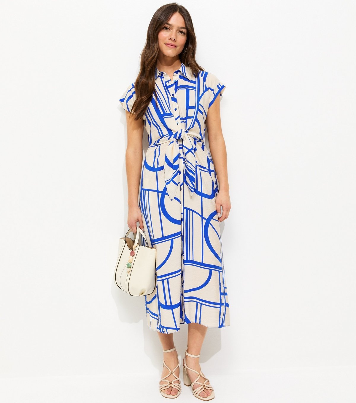New Look Women's Petite Blue Geometric Print Twist Front Midi Shirt Dress New Look - 3