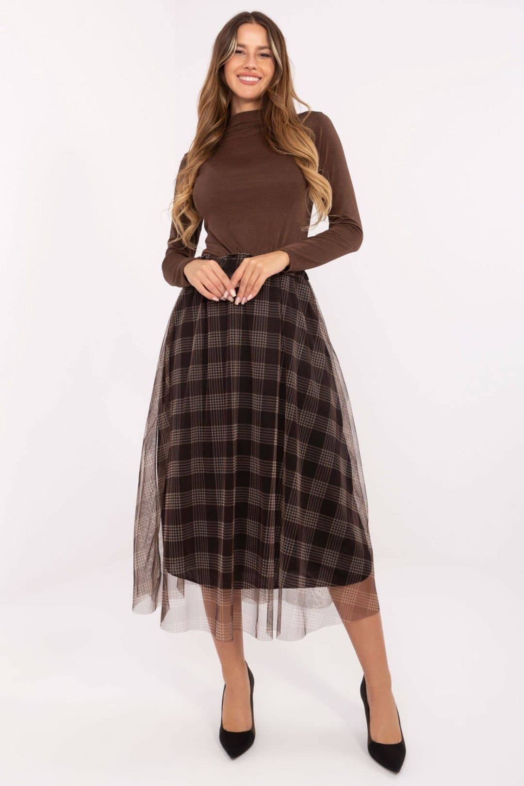 Love Lace Love Lace Women's Checked Tulle Midi Skirt with Elastic Waist in Brown