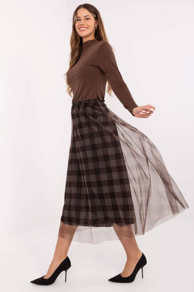 Love Lace Love Lace Women's Checked Tulle Midi Skirt with Elastic Waist in Brown - 2