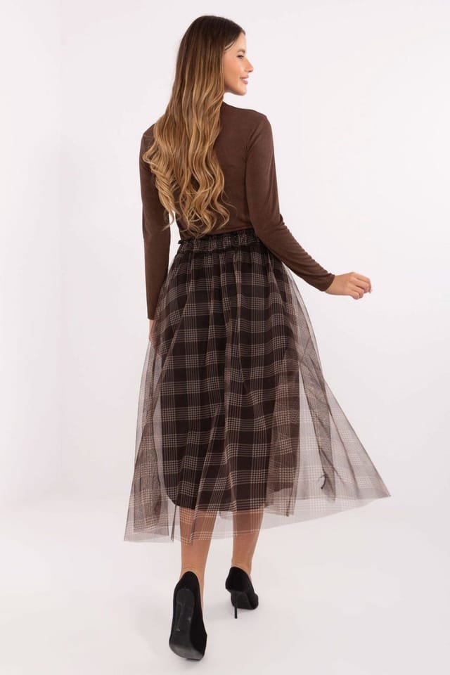 Love Lace Love Lace Women's Checked Tulle Midi Skirt with Elastic Waist in Brown - 3