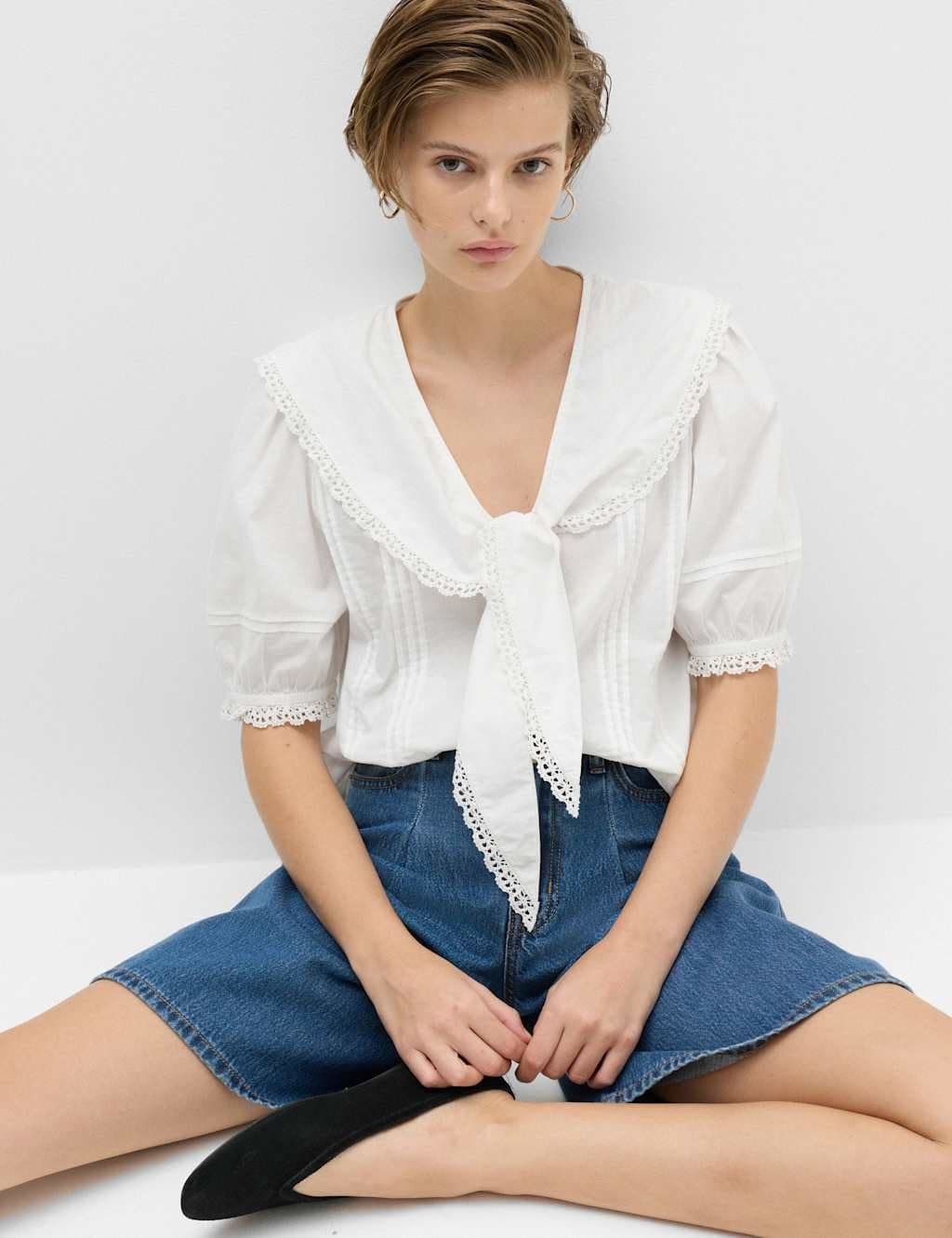 Marks & Spencer M&S Pure Cotton Broderie Sailor Collar Tie Detail Blouse White