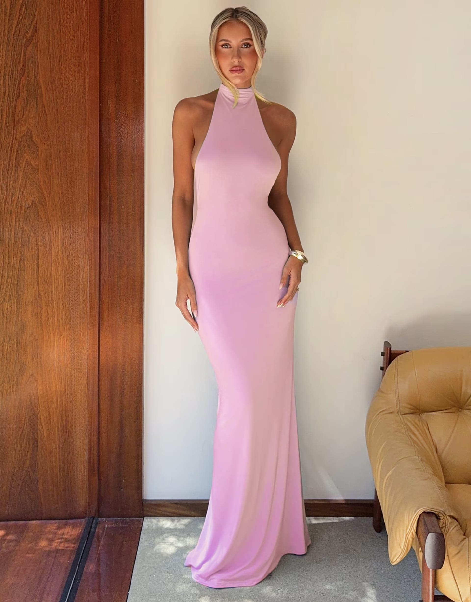 ASOS Pink Satin Racer Neckline Maxi Dress