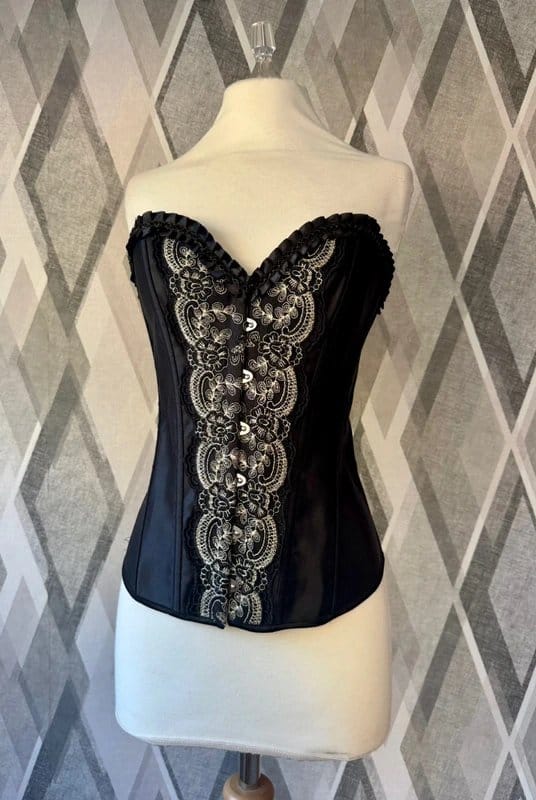 Vaacodor Black Satin Frill Gold Embroidered Lace-Up Boned Bustier
