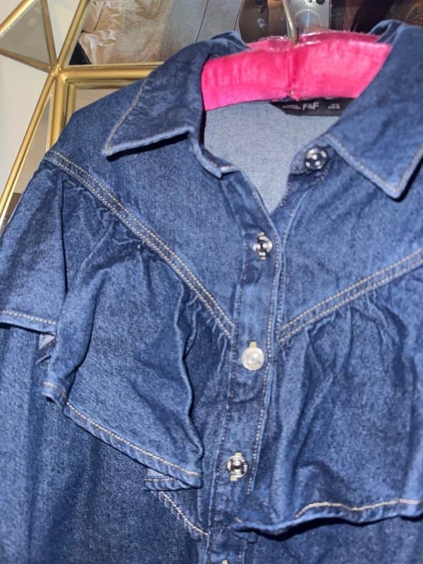 F&F Dark-wash Denim Ruffle Shirt Size 14 NEW