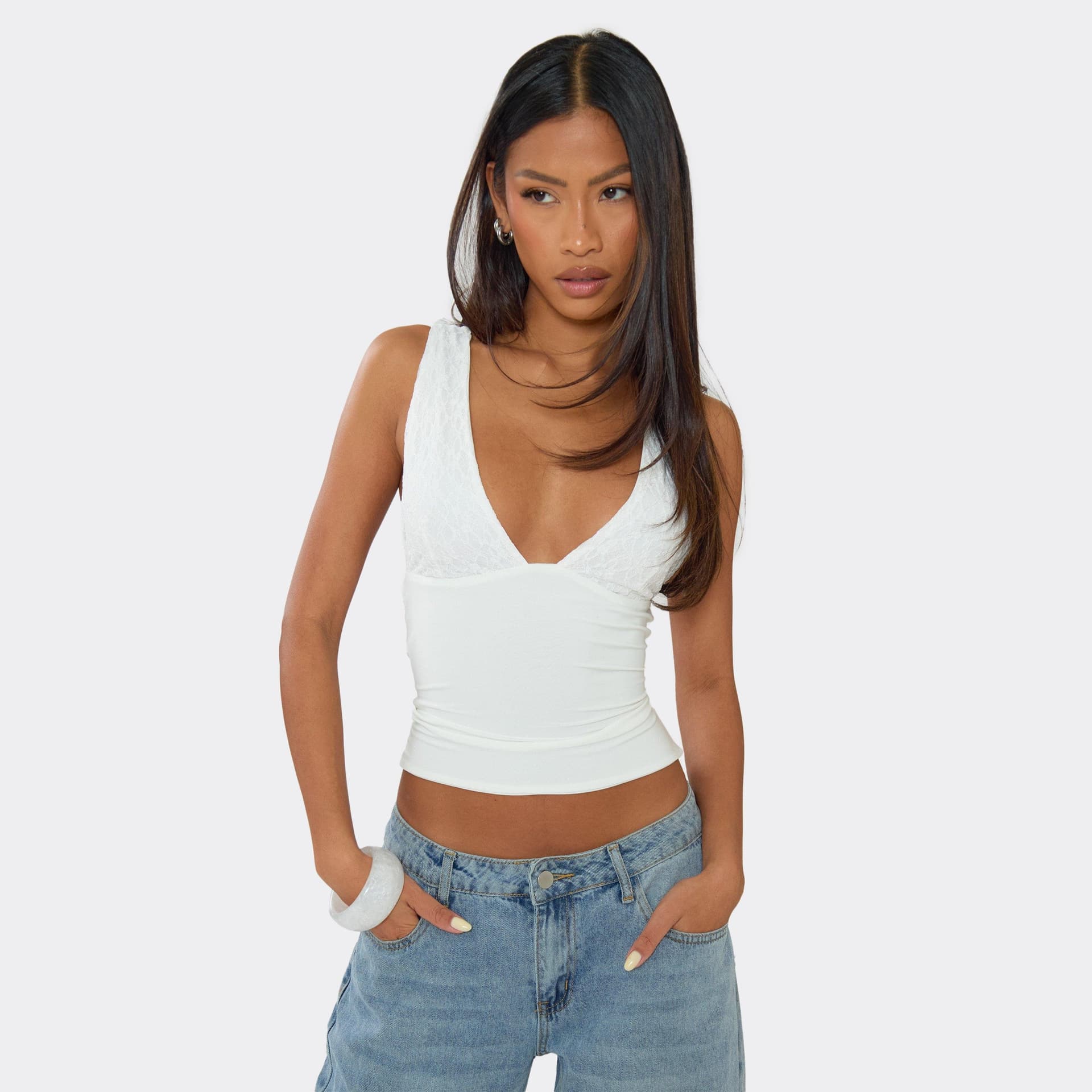 EGO EGO Sleeveless Lace Cup Detail Vest Top In White