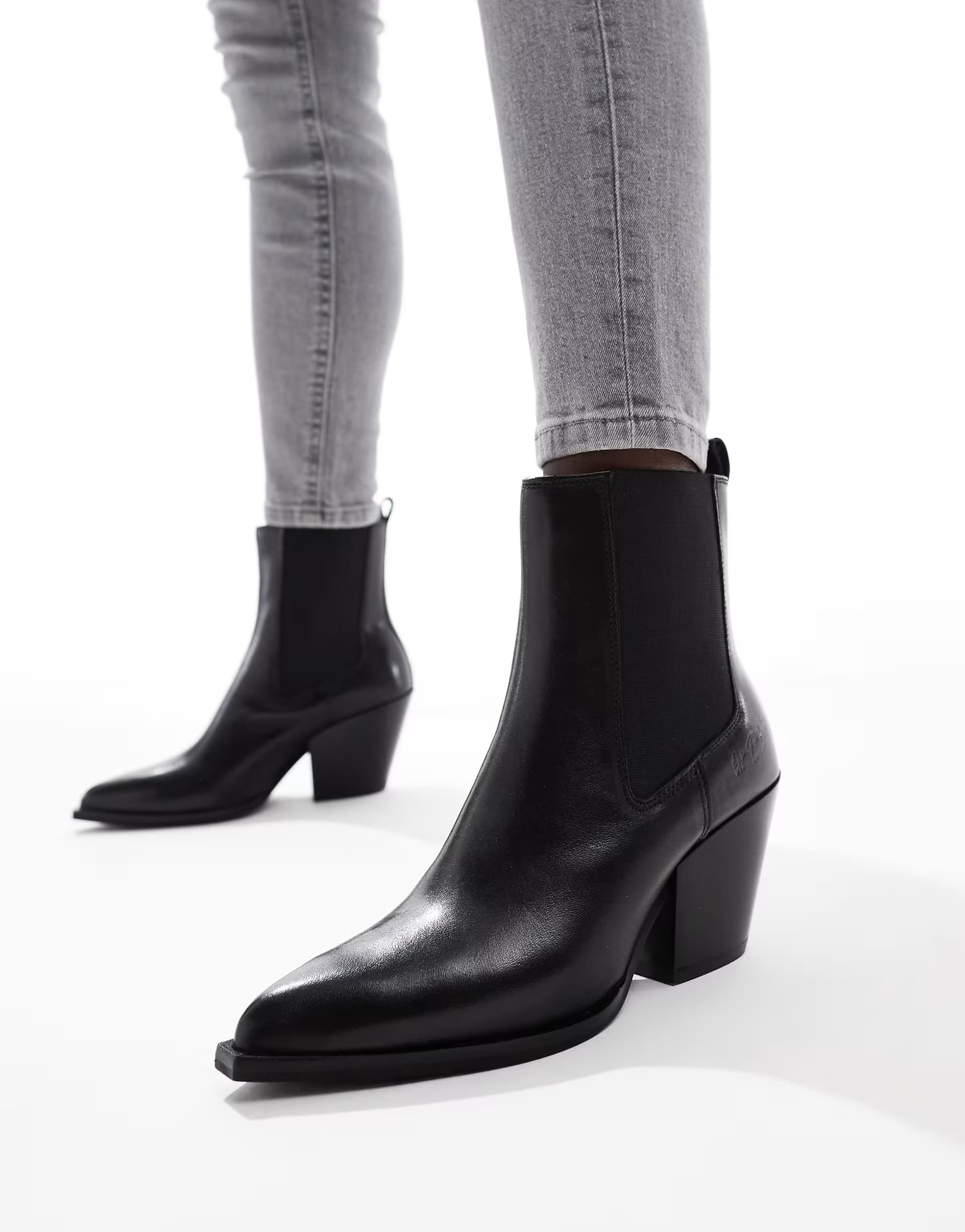 ASOS OFF THE HOOK 'MARLOW' Block Heel Western Ankle Leather Boots in Black