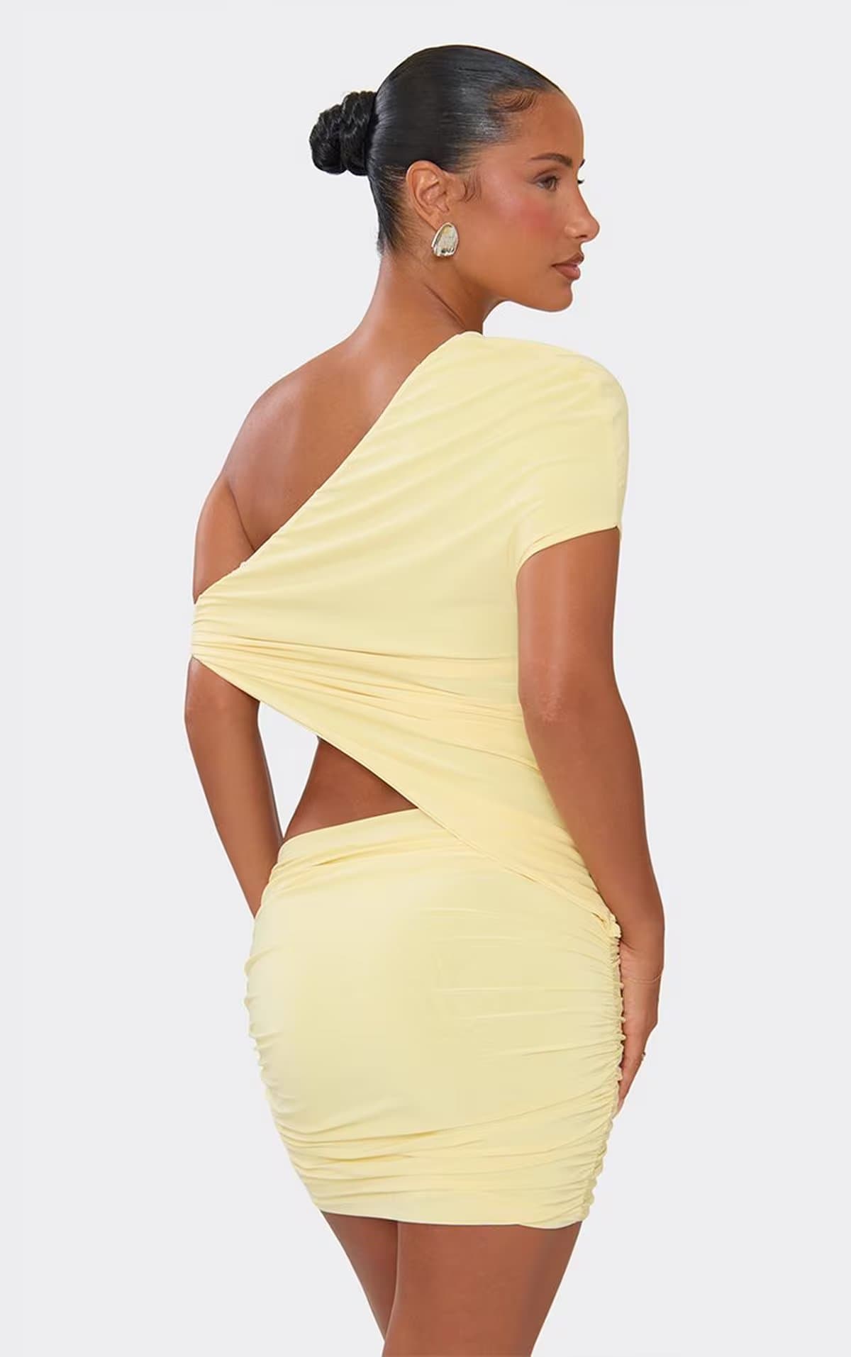 EGO Off The Shoulder Cut Out Side Ruched Mini Dress In Lemon, Women's Size UK 6
