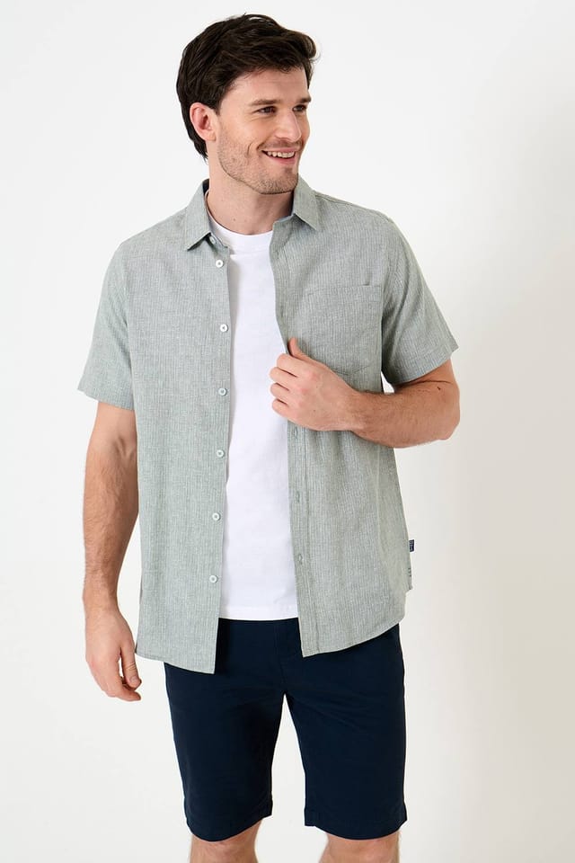 Saltwell Saltwell Men's Micro Stripe Linen Rich Short Sleeve Shirt in Green - 3