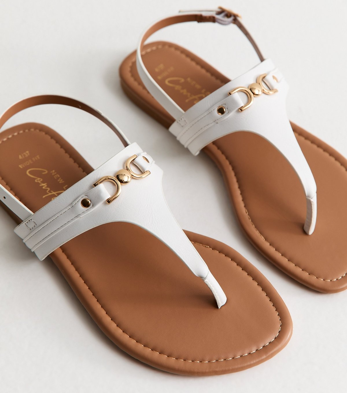 New Look Women's Wide Fit White Faux Leather Toe Post Sandals Vegan New Look - 3