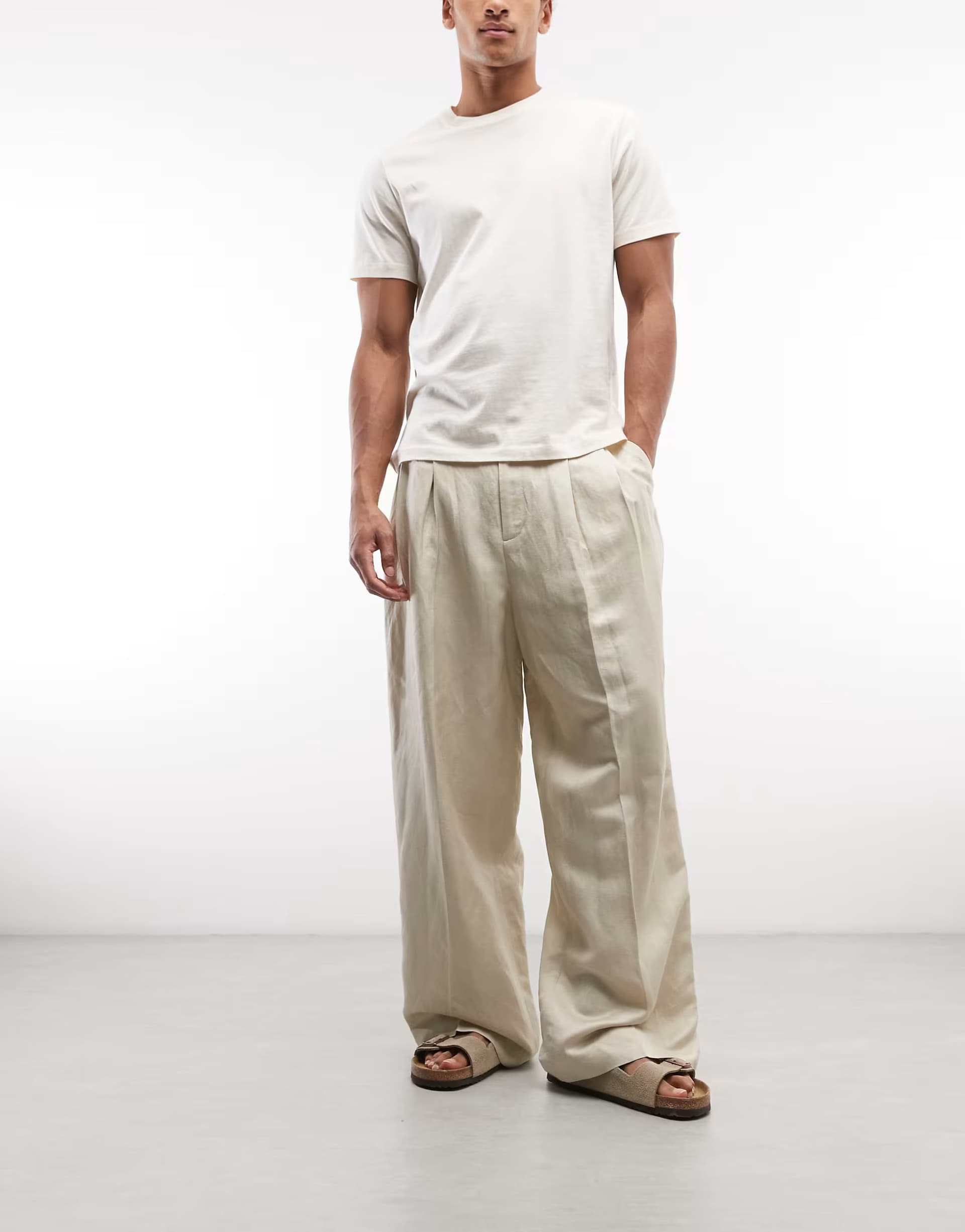 ASOS Weekday linen wide leg tailored trousers with front pleats in beige