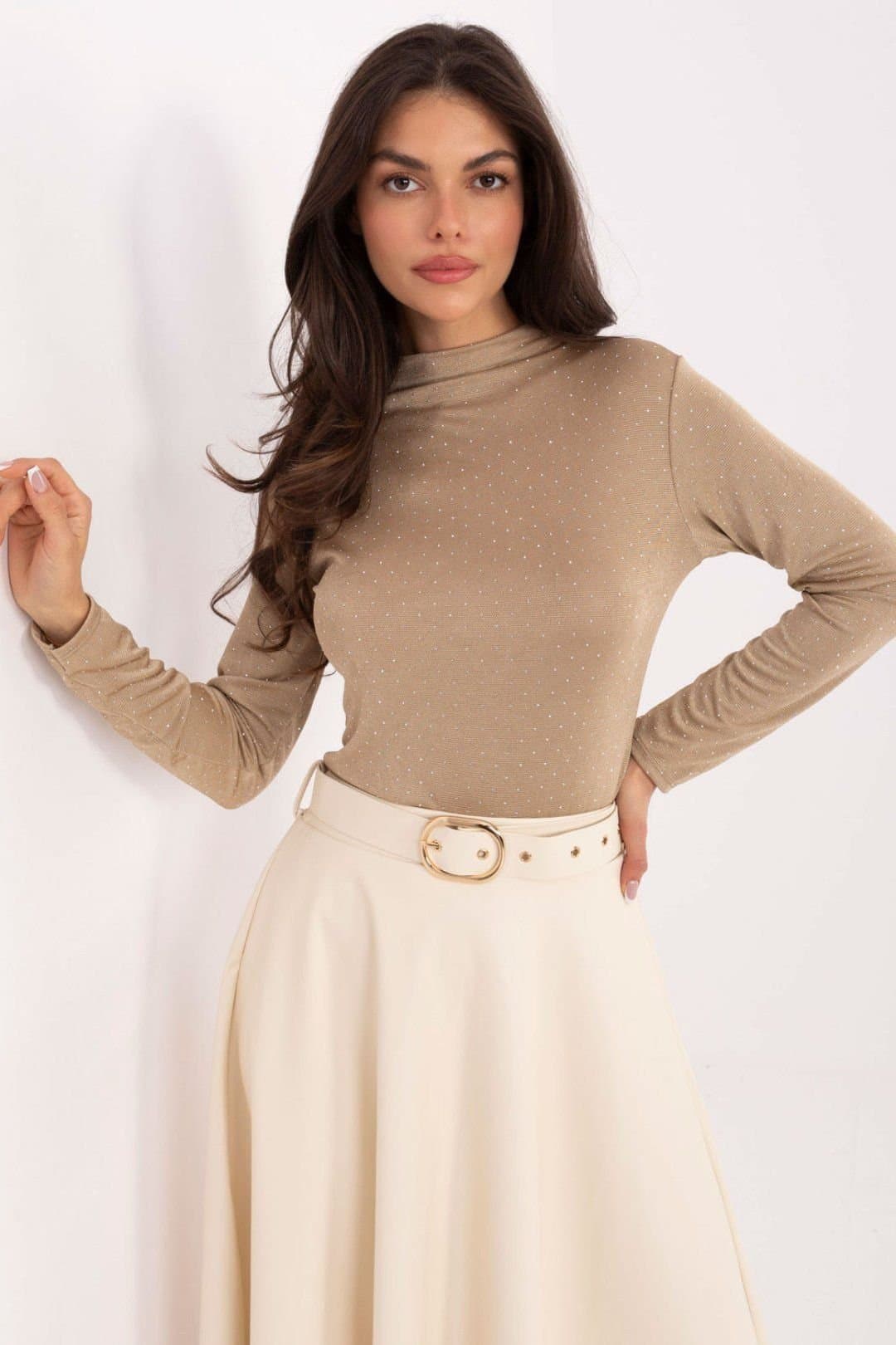Love Lace Love Lace Women's Rhinestone Turtleneck Studded Blouse in Beige