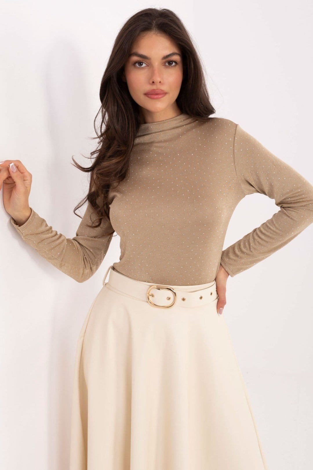 Love Lace Beige Rhinestone Turtleneck Blouse