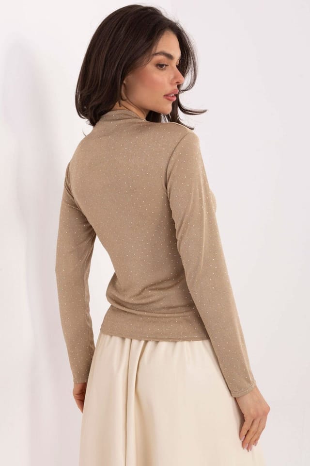 Love Lace Love Lace Women's Rhinestone Turtleneck Studded Blouse in Beige - 3